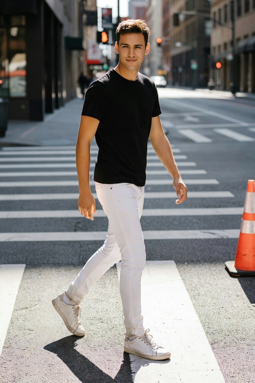Confident young man with short brown hair crossing sunny urban street in fitted black t-shirt, slim white jeans, and white sneakers at zebra crossing with traffic cones nearby