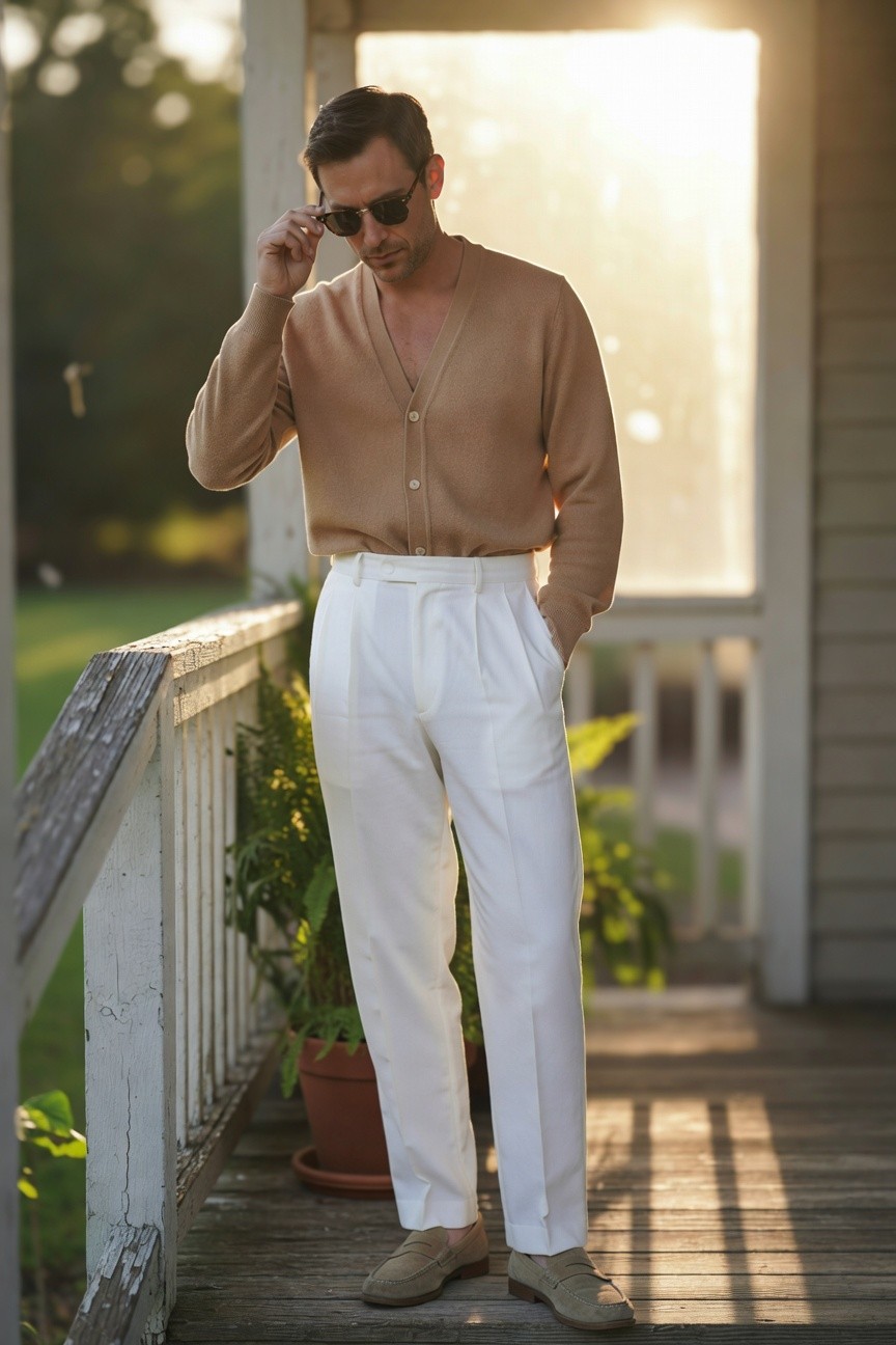 A man stands casually on a wooden porch at golden hour, wearing an open camel-colored knit cardigan, high-waisted white pleated trousers, and tan suede loafers, with potted plants and railing in the background.
