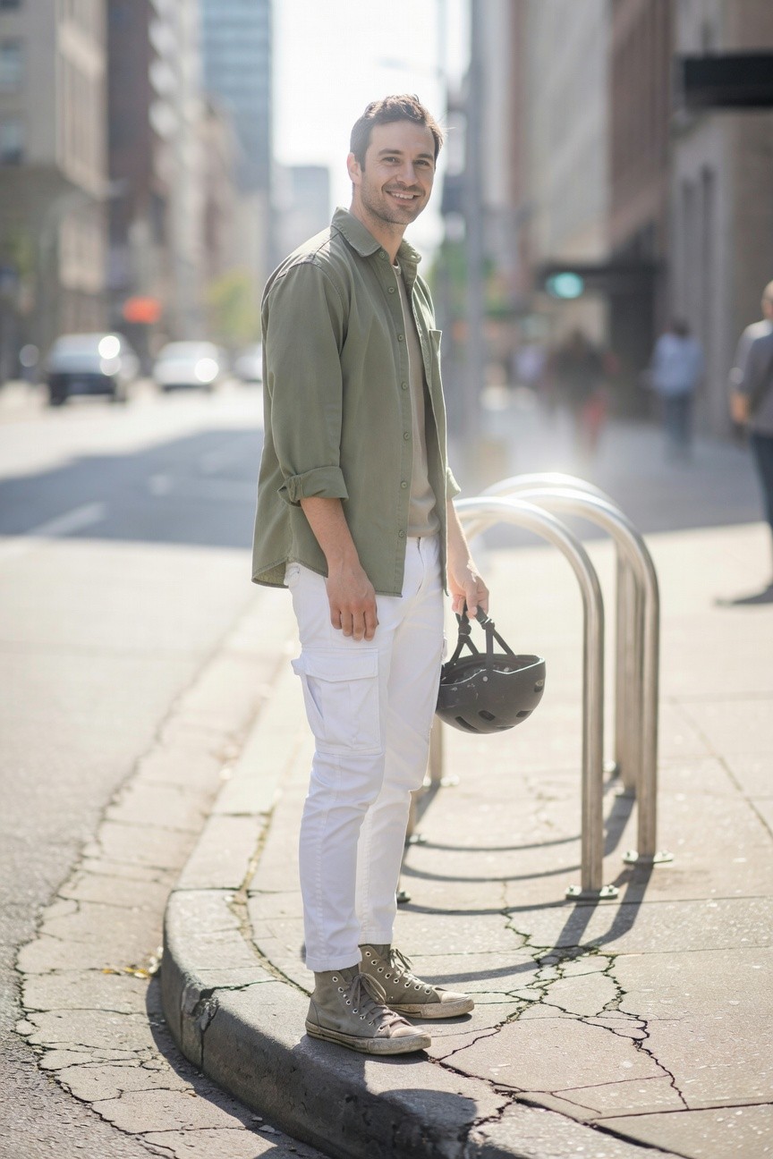 A man stands confidently on a sunny urban sidewalk wearing an olive green chambray shirt with rolled sleeves over a white tee, slim white cargo pants, tan combat boots, holding a black bicycle helmet next to metal bike racks with blurred city traffic and pedestrians in the background