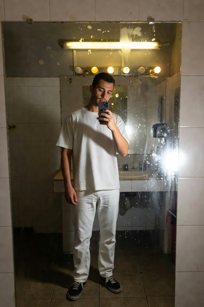 Man taking mirror selfie in tiled bathroom wearing plain white t-shirt, matching straight-leg white pants, and black sneakers, under warm overhead lights with foggy mirror edges