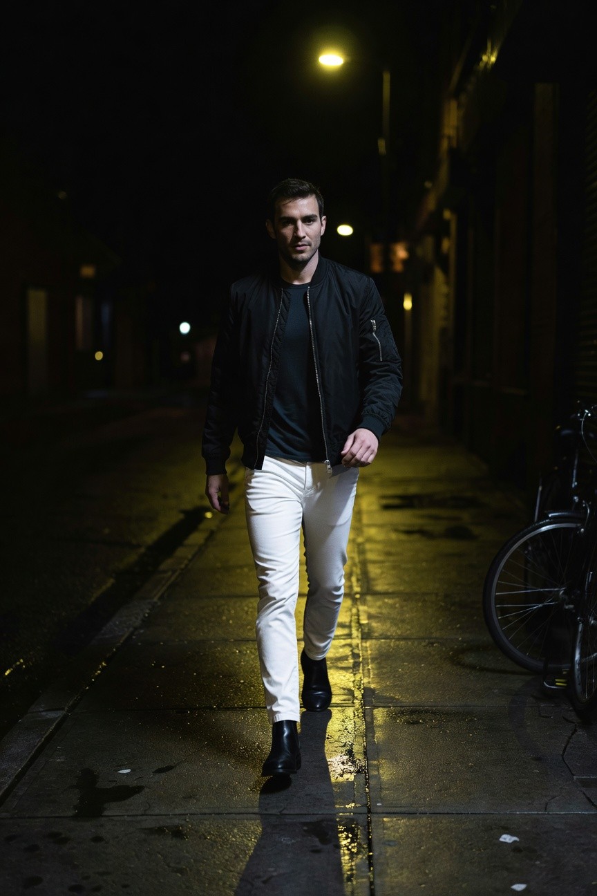 A man walks down a dimly lit nighttime alleyway under a yellow streetlamp, dressed in slim white pants, black leather boots, unzipped black bomber jacket over a dark t-shirt, bike parked nearby on wet pavement