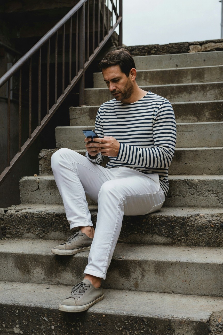 Man with short dark hair and stubble sits on concrete stairs under a metal bridge, wearing a blue-and-white striped long-sleeve shirt, slim white pants, and gray sneakers, intently checking his phone with legs crossed casually