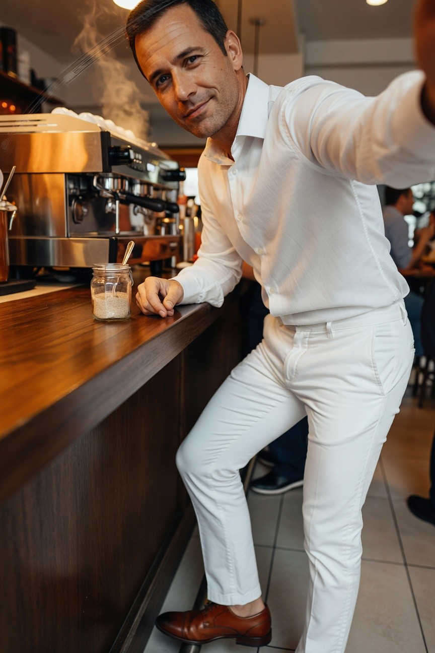 Man in slim white pants, white long-sleeve shirt, and brown loafers leans against a wooden coffee bar taking a selfie, holding an iced coffee jar, espresso machine steaming in background with warm lighting