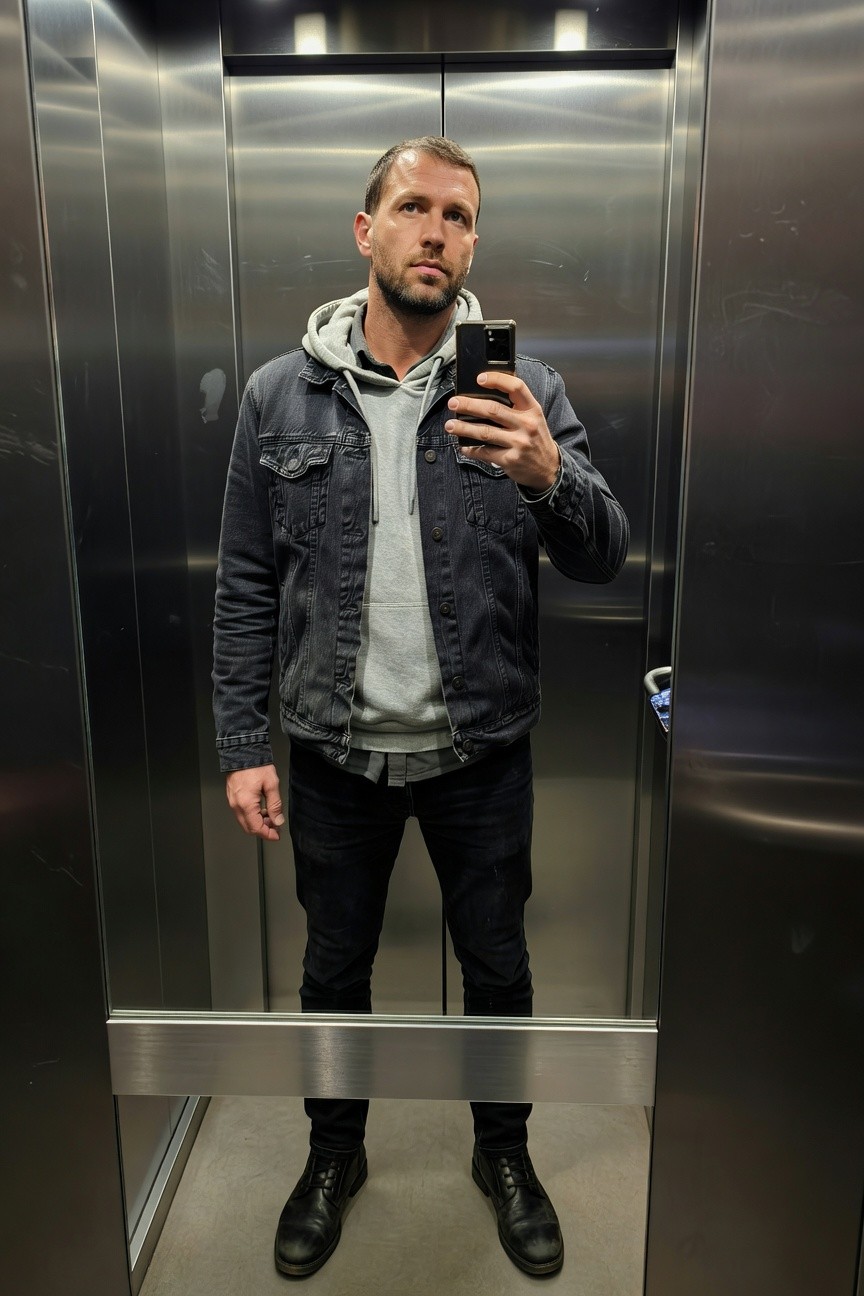 Man in elevator selfie wearing black denim jacket layered over gray hoodie, dark jeans, and black combat boots, casual urban cowboy streetwear style