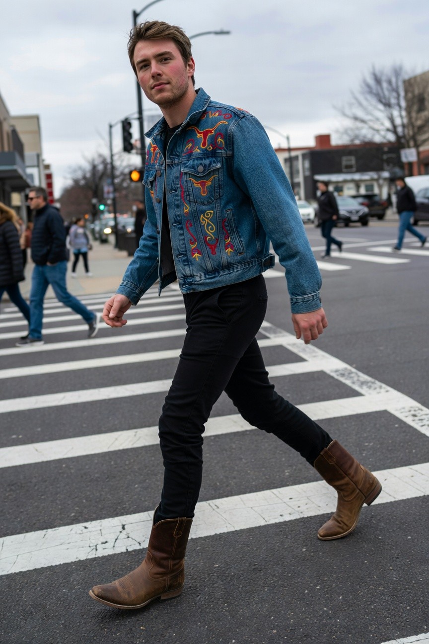 Man crossing urban street in colorful embroidered blue denim jacket over black shirt, slim black pants, and tan cowboy boots