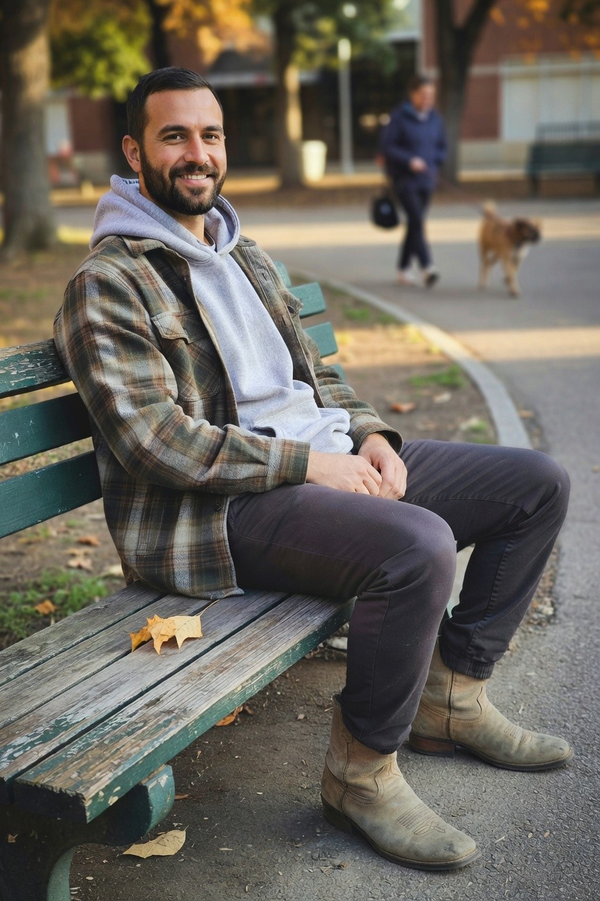 Man sitting on a bench in an open brown plaid flannel shirt layered over a light gray hoodie, dark gray slim pants, and tan suede cowboy boots, casual urban cowboy streetwear style