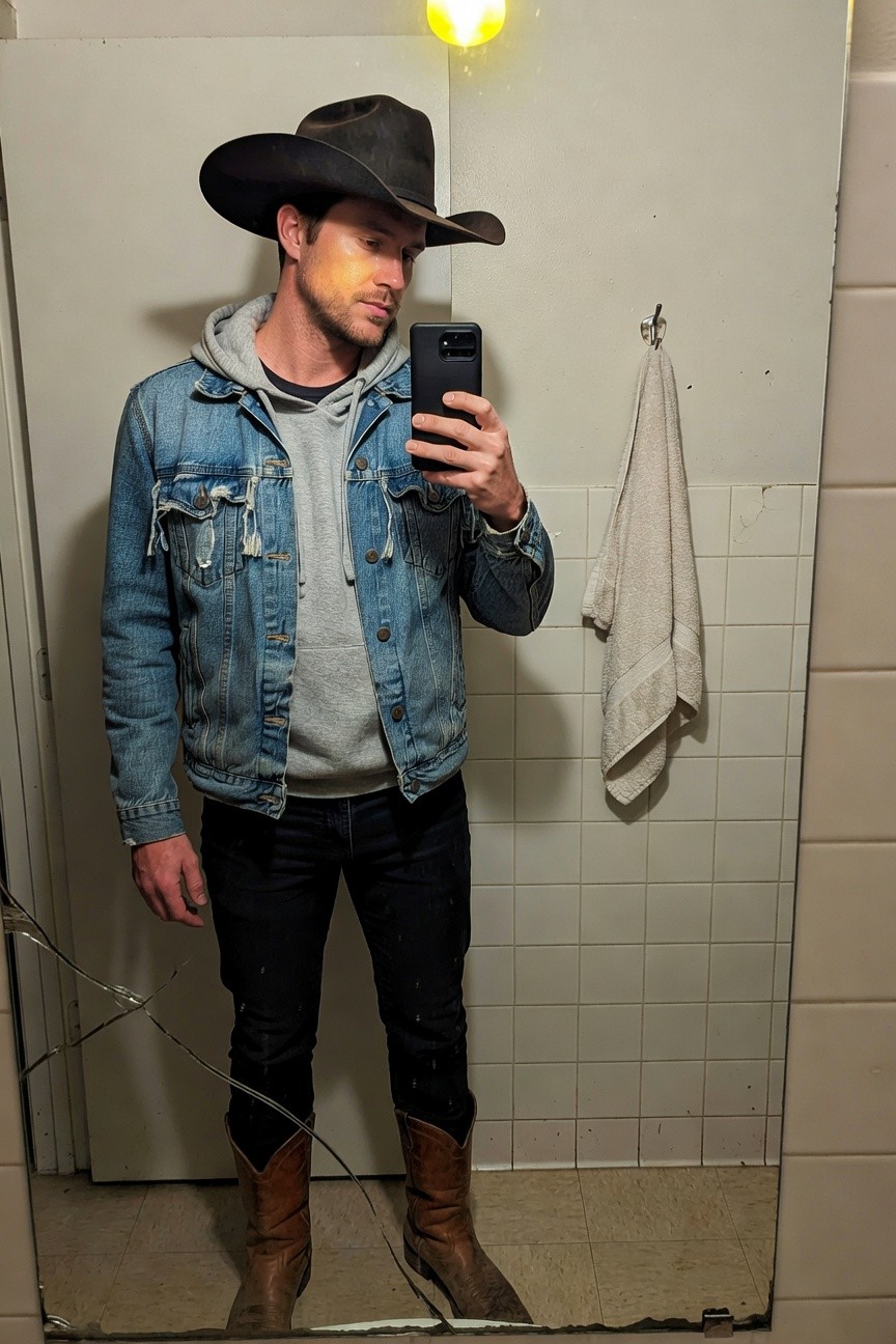 Man taking mirror selfie in bathroom wearing dark cowboy hat, frayed light blue denim jacket over gray hoodie, dark jeans, and tan cowboy boots