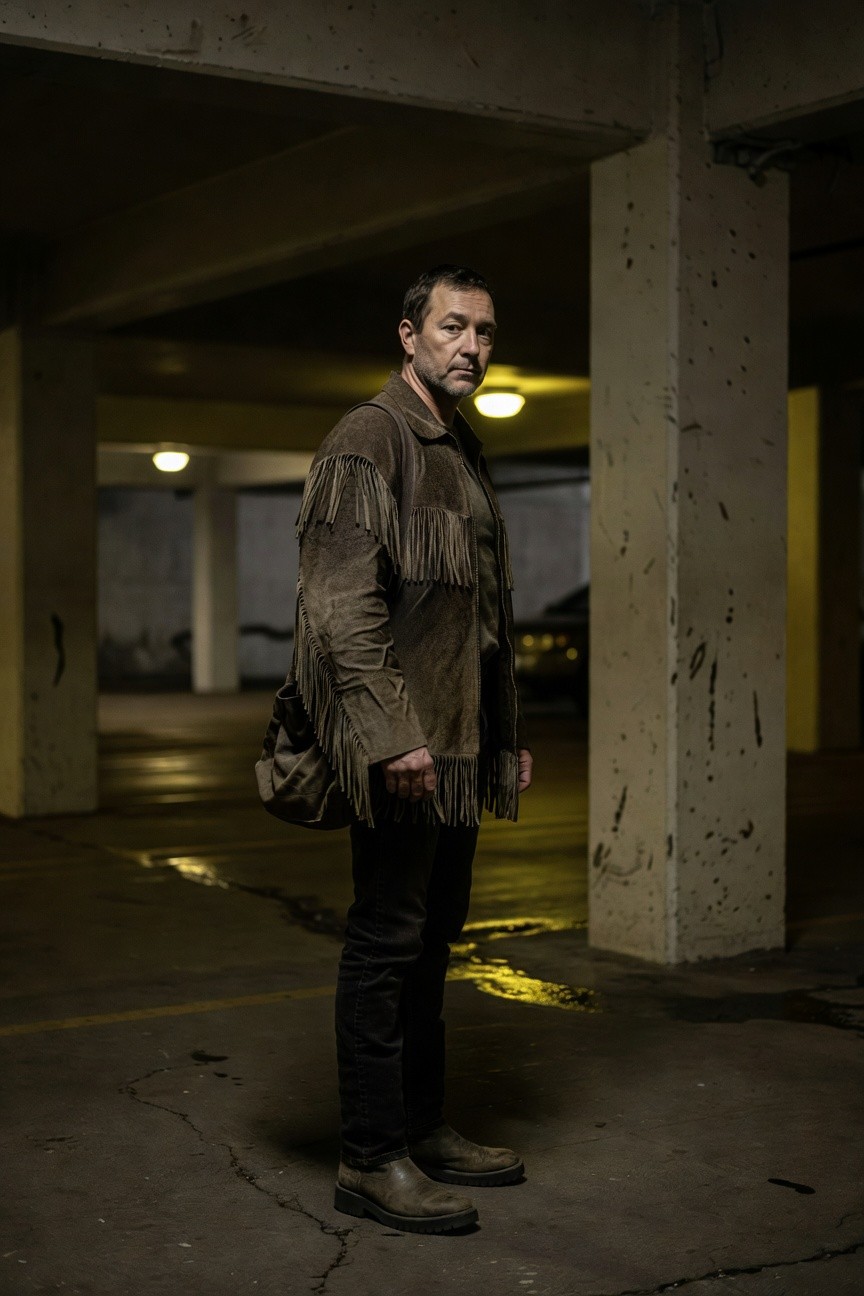 Man standing in dim parking garage wearing tan fringed leather jacket over dark shirt, slim black pants, brown boots, and matching fringed shoulder bag, side profile view