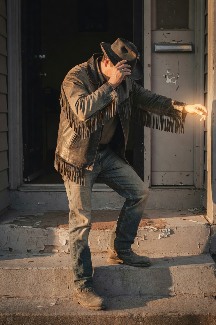 Man in brown fringed leather jacket, gray fedora, light shirt, straight-leg jeans, and brown boots standing on concrete steps outside a weathered door, one hand rubbing his eye