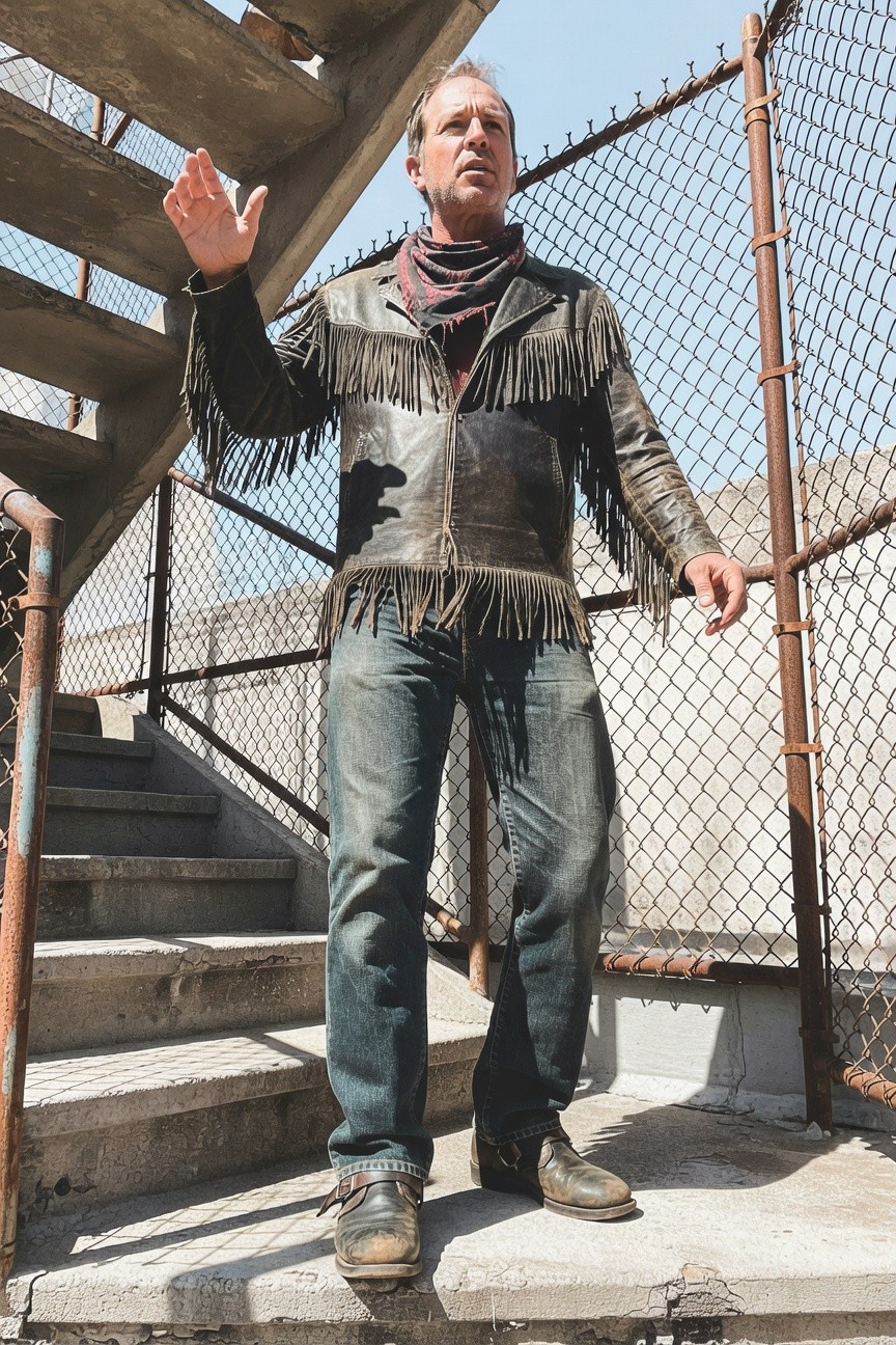 Man in black fringed leather jacket with tan fringe details, red bandana neckerchief, faded blue jeans, and brown cowboy boots, posing with arms outstretched on concrete steps surrounded by chain-link fence