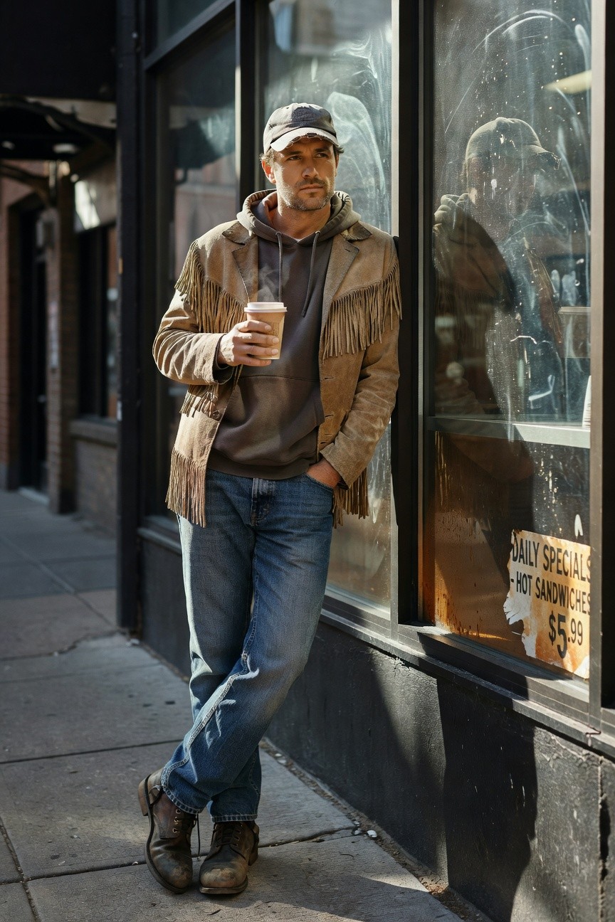 Man in tan fringed suede jacket over gray hoodie, blue straight-leg jeans, brown boots, gray cap, holding coffee cup, leaning casually outdoors