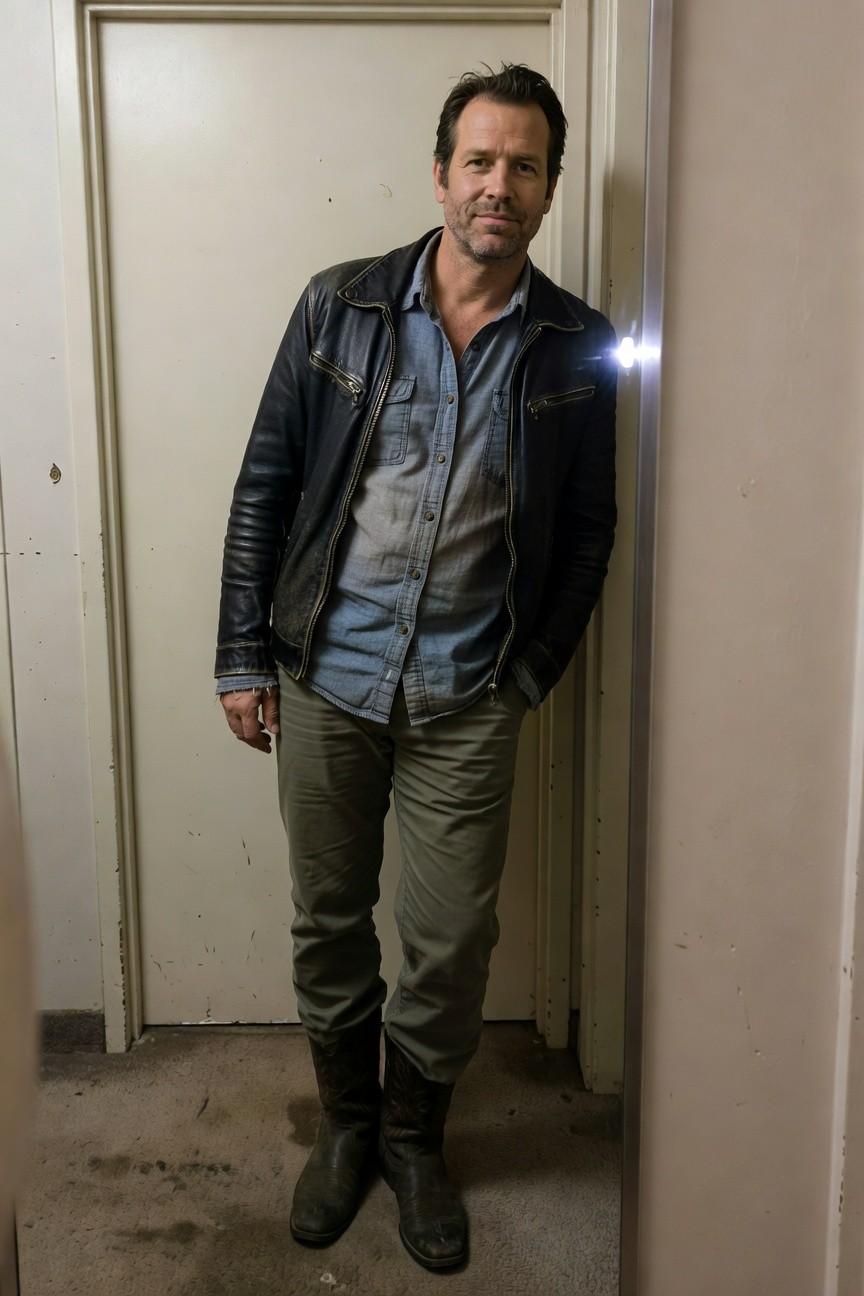 Man in black leather jacket over faded blue denim shirt, olive green pants, and brown leather boots, leaning casually against a doorframe indoors