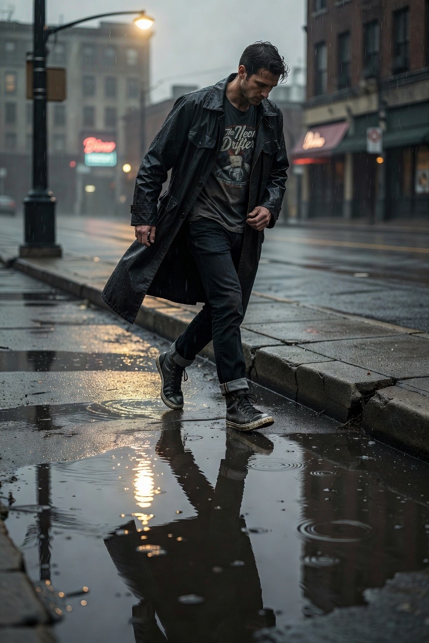 Man in long black trench coat over black Daft Punk graphic tee, slim black cuffed jeans, and black high-top sneakers, walking on urban sidewalk
