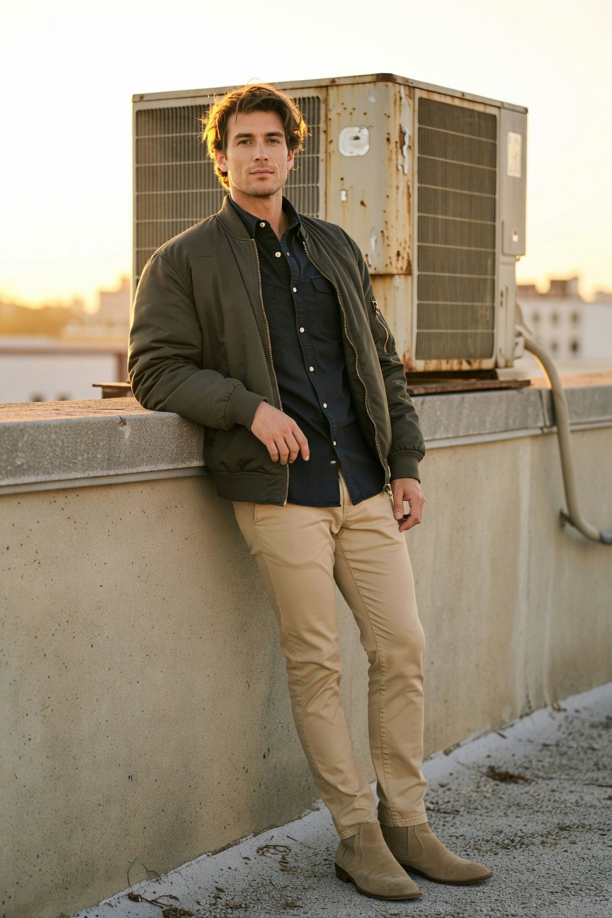 Man leaning casually in olive green bomber jacket over navy button-up shirt, slim khaki chinos, and tan suede chelsea boots, rooftop setting