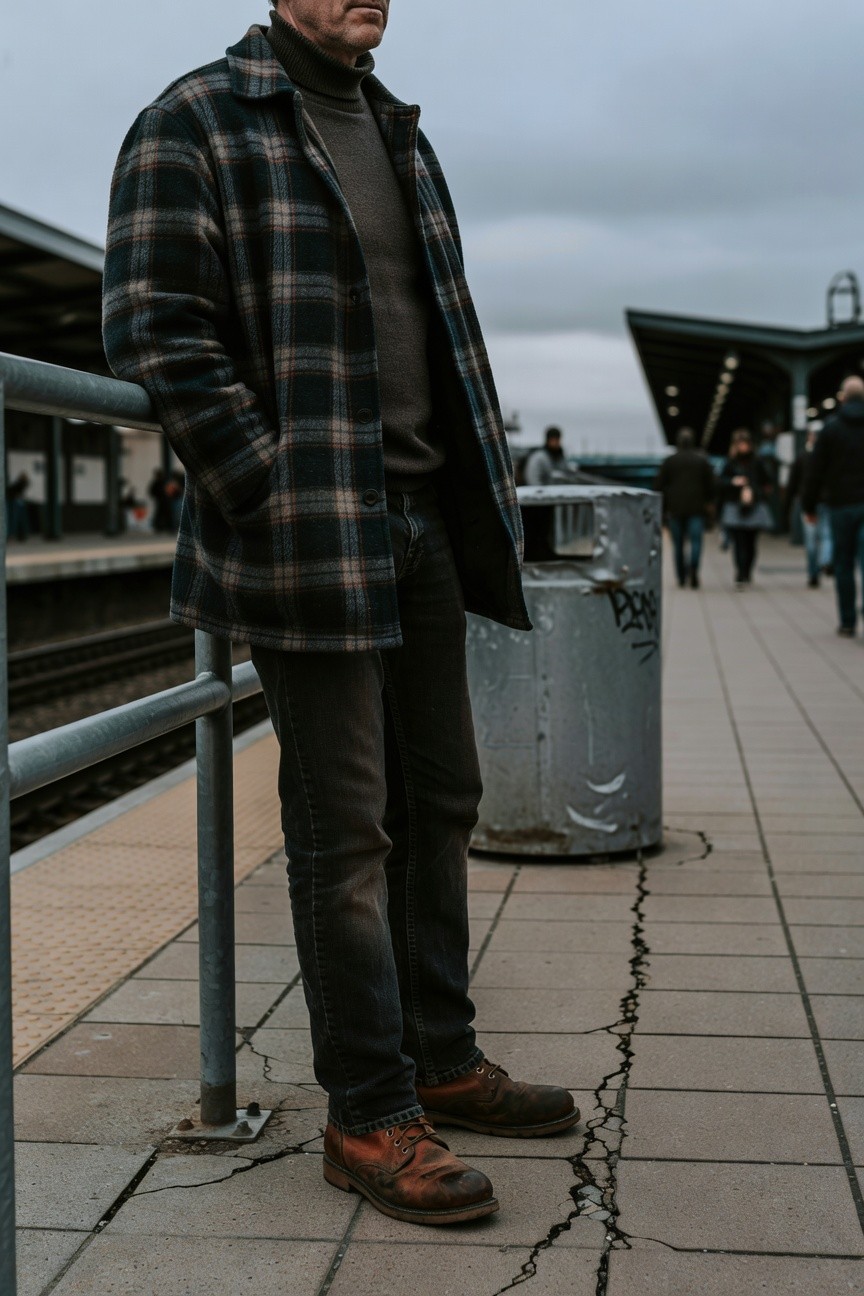Man in navy-green plaid wool coat over dark turtleneck, slim black pants, and reddish brown leather boots, standing casually with hands in pockets