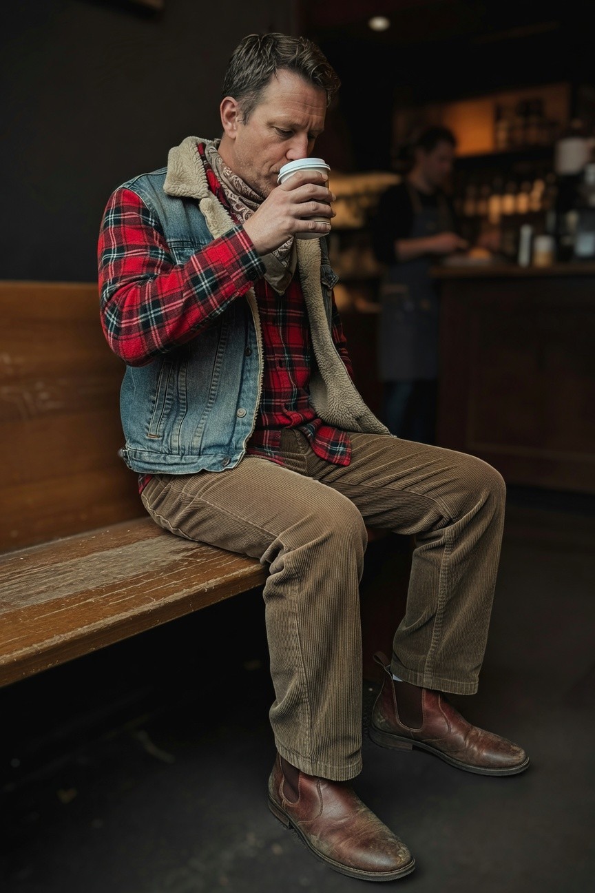 Man in red plaid flannel shirt layered under shearling-collar vest, brown corduroy pants, and brown Chelsea boots, sitting on wooden bench holding white coffee cup