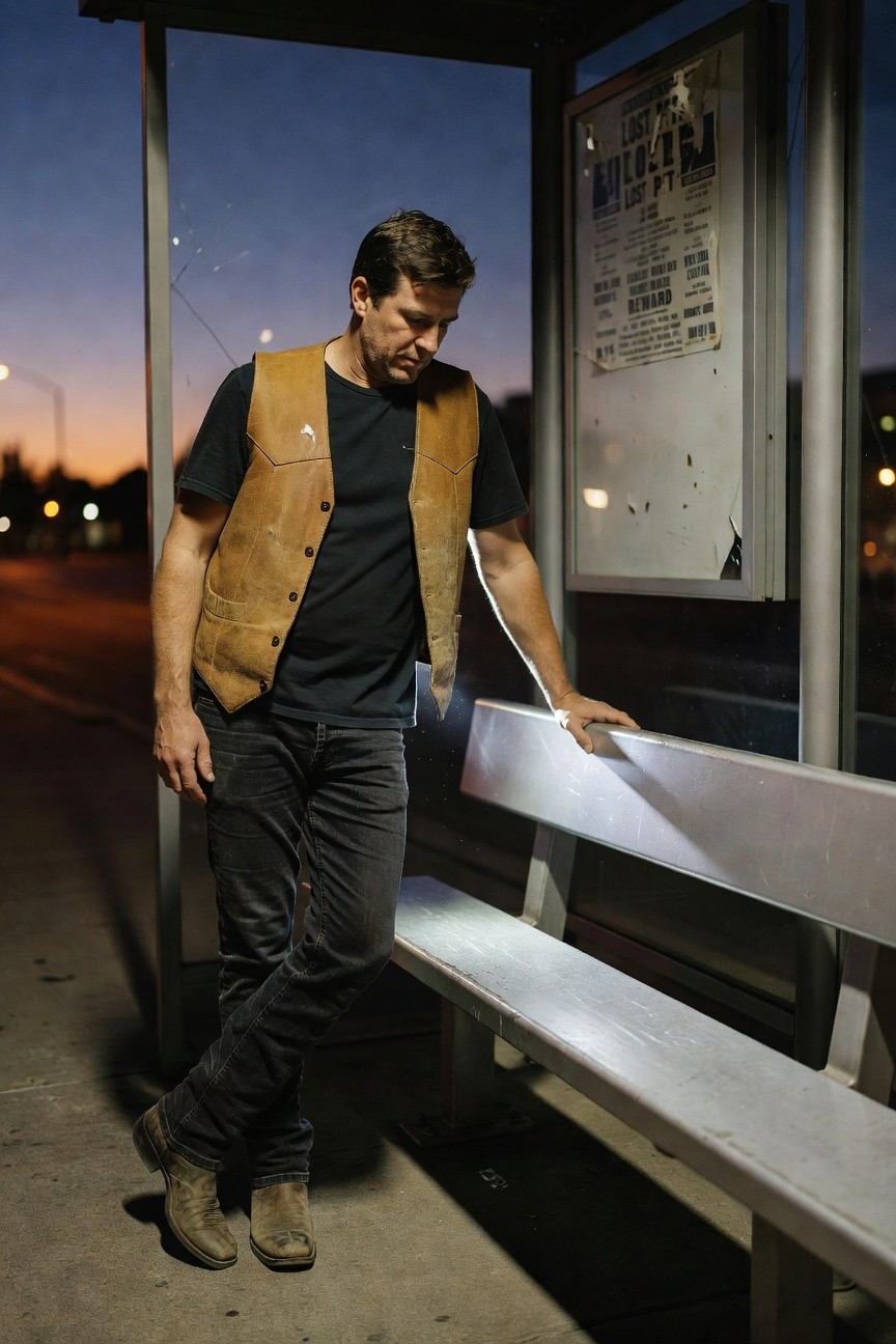 Man in tan leather vest over black t-shirt, black slim jeans, and brown boots, leaning at a bus shelter in urban dusk setting