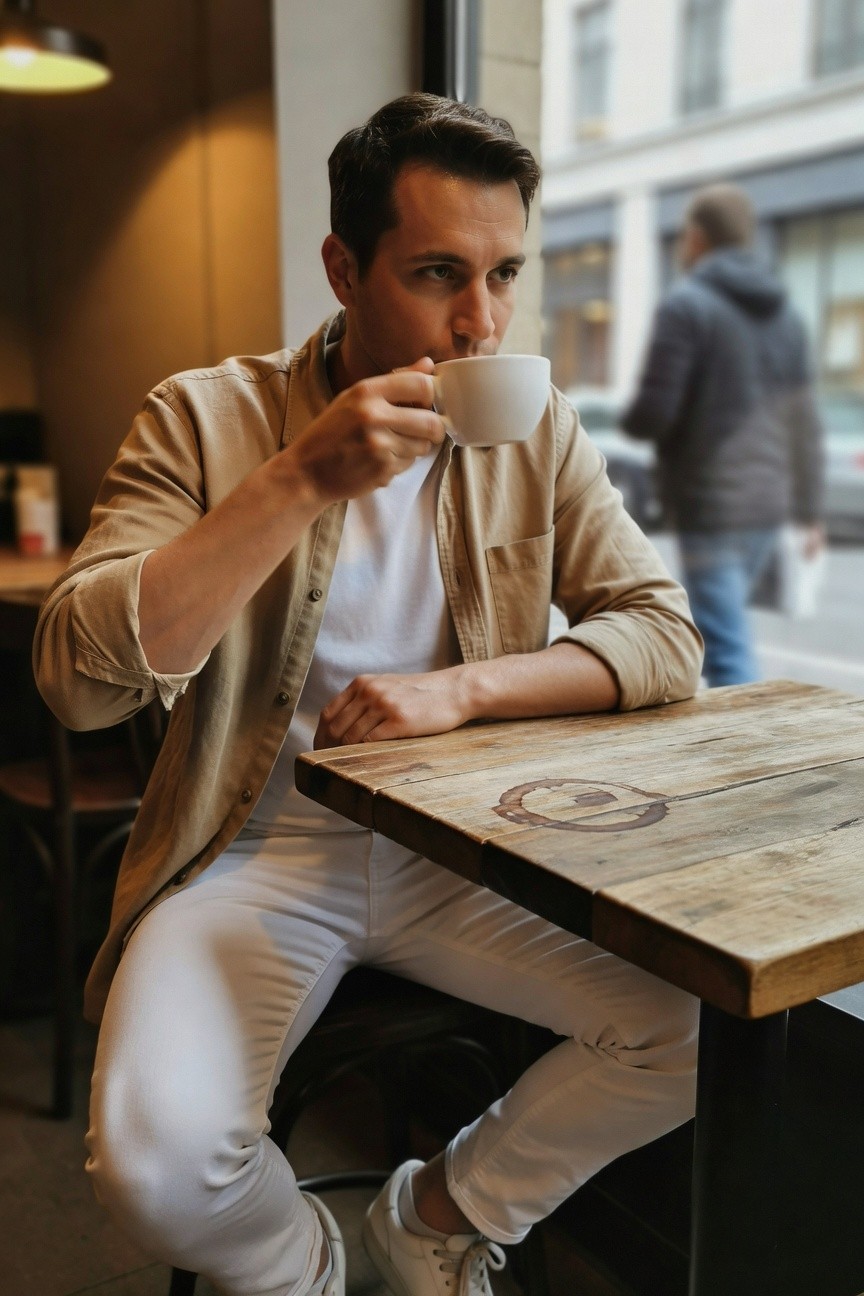 A man sits casually in a cafe by the window, wearing an open beige linen shirt over a white t-shirt, slim white jeans, and white sneakers, sipping from a white coffee cup with a wooden table and city street visible outside.