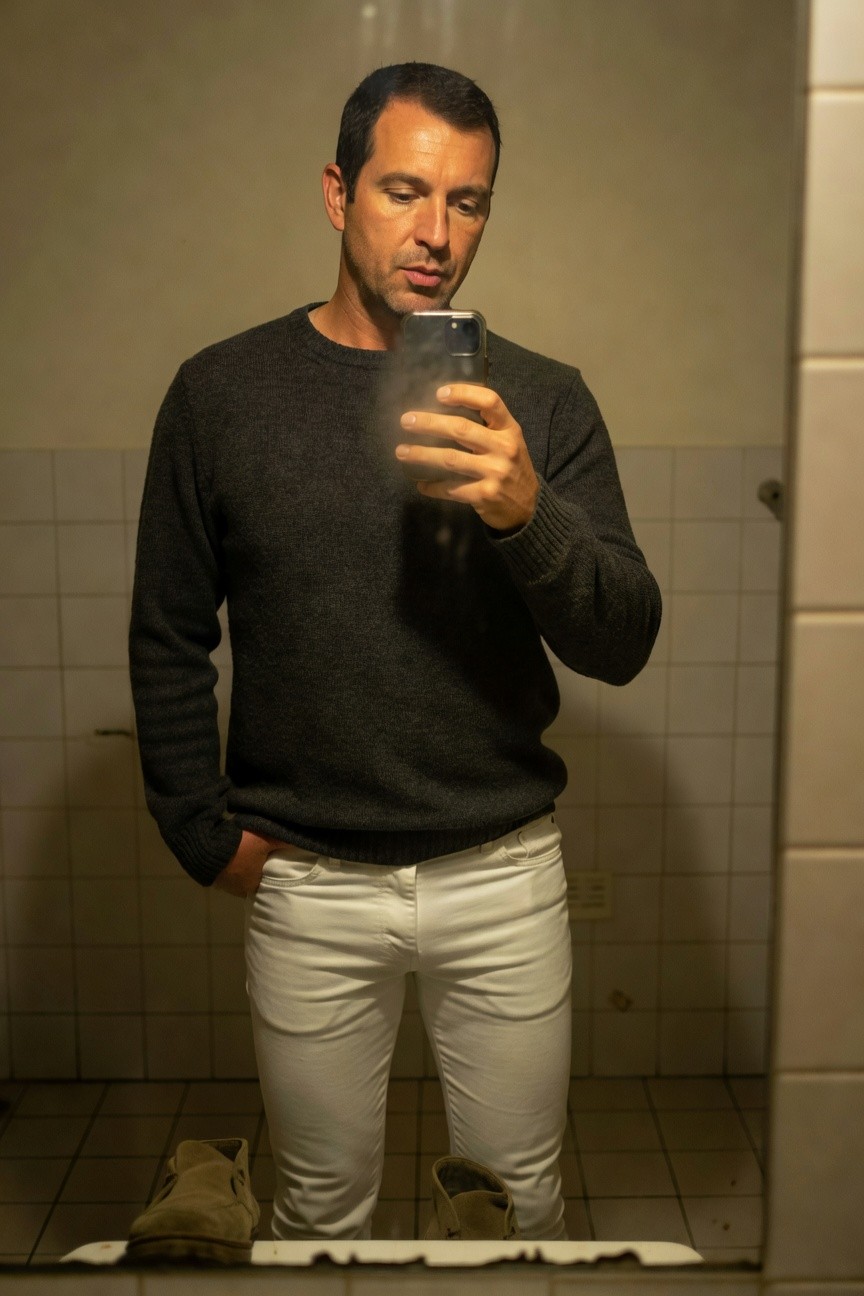 Man in charcoal gray crewneck sweater and slim white jeans stands casually with hands in pockets in front of bathroom mirror, wearing light tan suede shoes, selfie-style photo