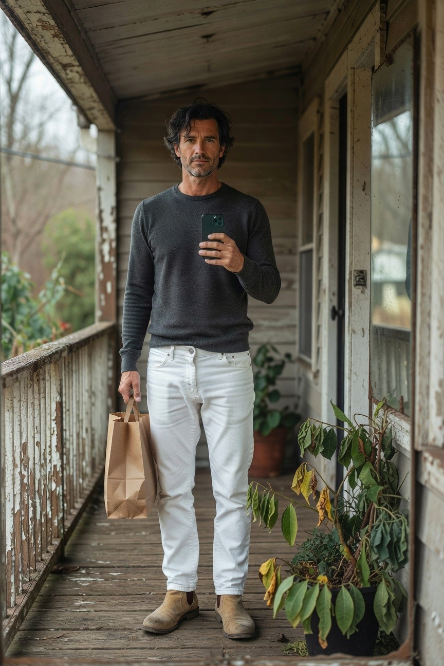 Man in dark gray long-sleeve sweater and slim white jeans stands on rustic wooden porch holding brown paper grocery bag and phone for selfie, tan suede ankle boots, overgrown plants and peeling white siding in background