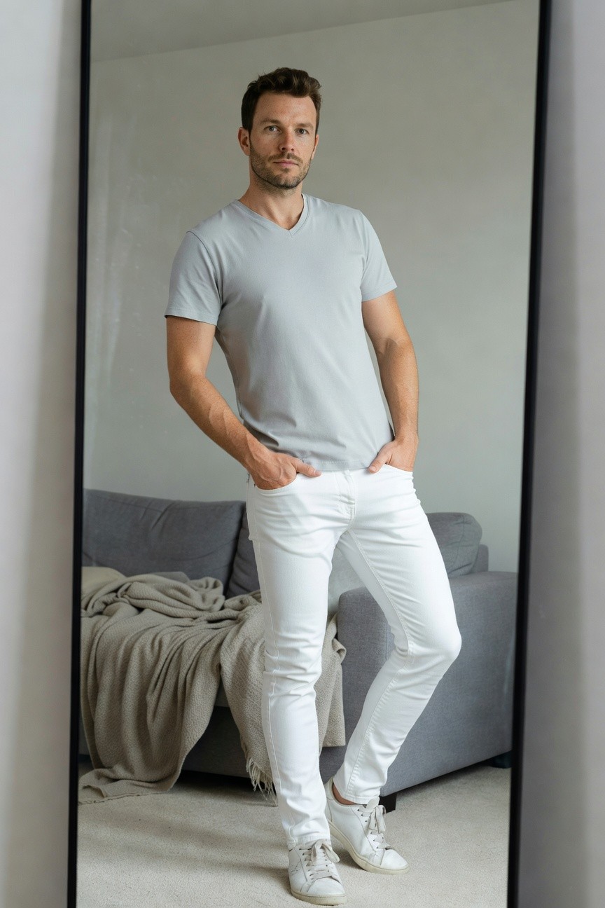 A man stands confidently in front of a full-length mirror wearing a light gray short-sleeve V-neck T-shirt, slim-fit white jeans, and white sneakers, hands in pockets, with a gray sofa and throw in the background