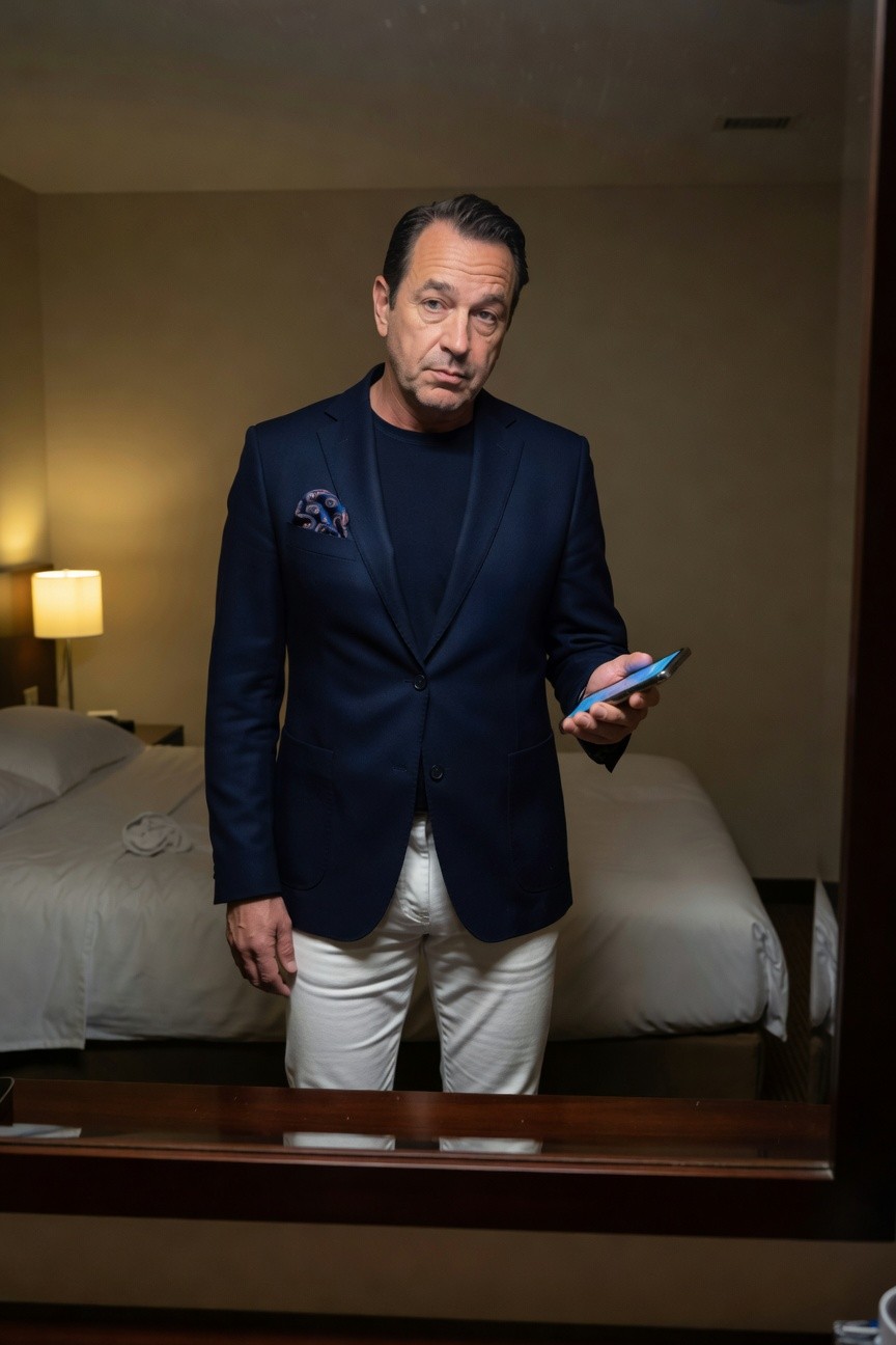 Man in navy blazer with pink pocket square over black turtleneck, crisp white jeans, holding phone in hotel room mirror selfie