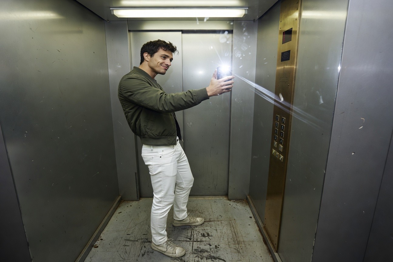 Young man smiling for a selfie in a metal elevator, dressed in olive green bomber jacket over white t-shirt, slim white jeans, and white sneakers on scuffed floor, phone flash lighting his face and reflection.