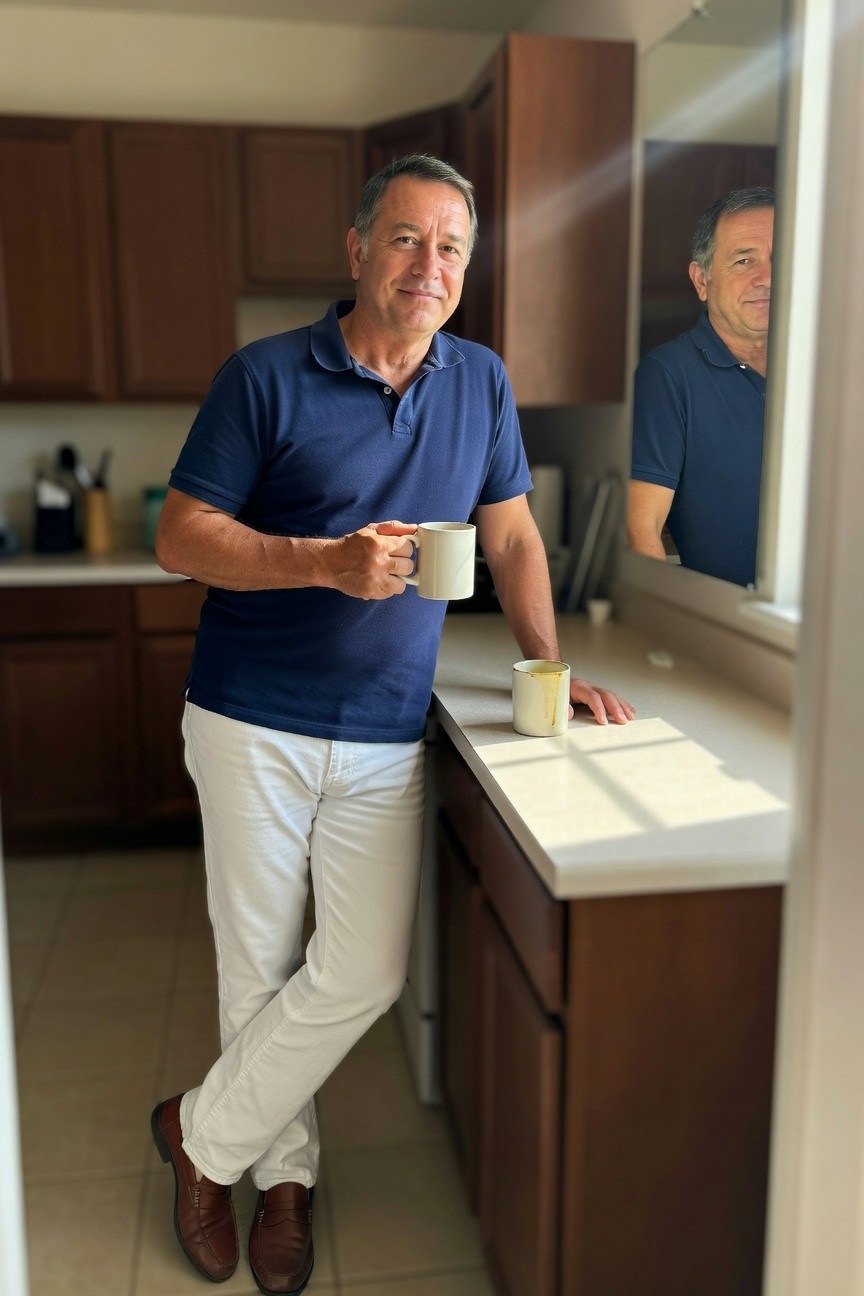Man in navy blue polo shirt and slim white jeans stands in sunlit kitchen holding a coffee mug, reflection visible in window, brown loafers on tiled floor for a polished casual look