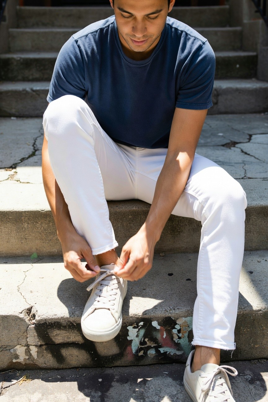 Young man with short dark hair sitting on outdoor concrete steps, wearing a fitted navy blue t-shirt, slim white jeans, and white low-top sneakers while tying his laces in bright sunlight
