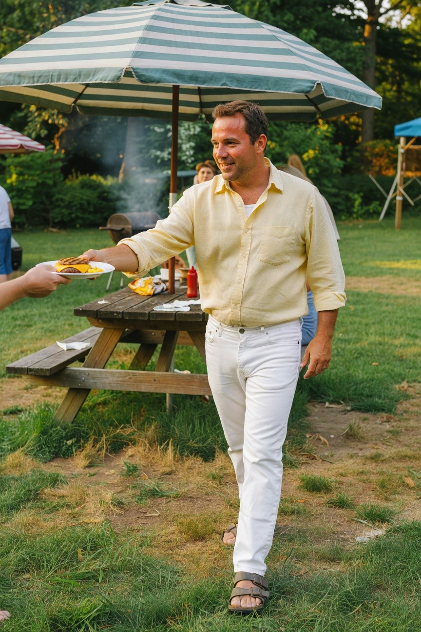 Man in pale yellow linen shirt and slim white jeans, sandals, handing a plate of food at an outdoor picnic table under green umbrellas, casual summer gathering vibe