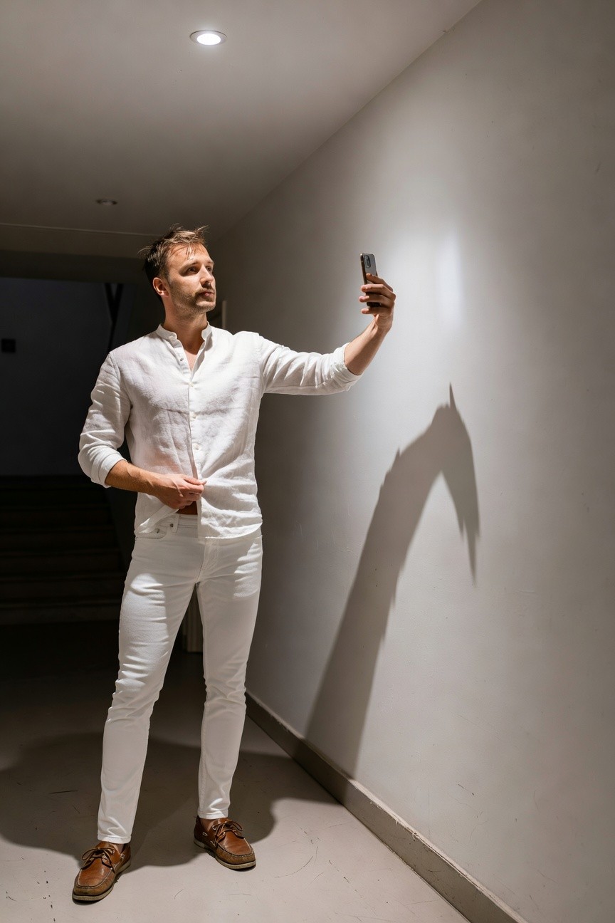 A man in an all-white outfit—crisp white slim-fit jeans and a relaxed long-sleeved linen shirt with open collar—takes a selfie in a lit hallway, casting a dramatic shadow on the wall behind him, finished with brown leather boat shoes for grounded polish.