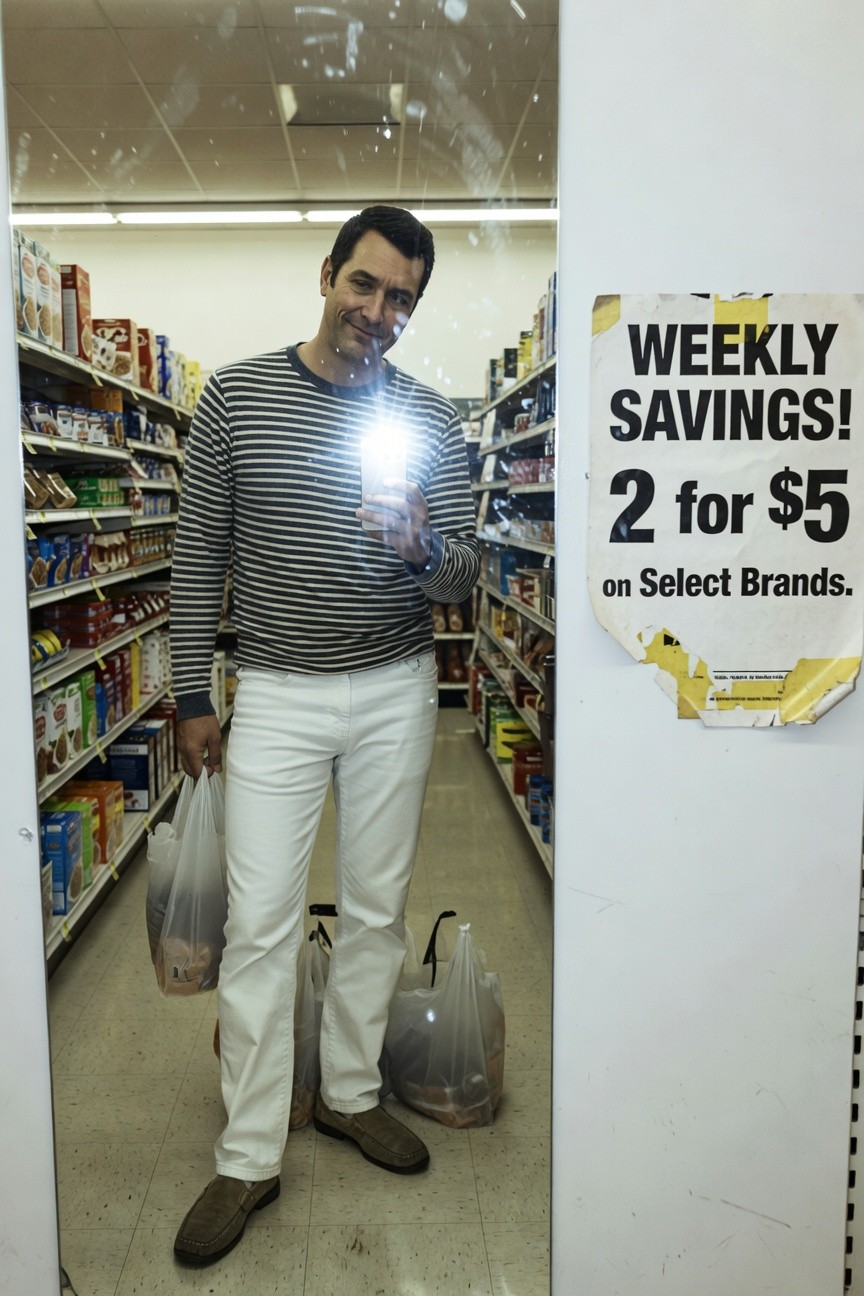 Man in black-and-white striped long-sleeve shirt, slim white jeans, and beige loafers poses confidently in grocery store mirror, holding phone with flash on and white plastic shopping bags in each hand amid cereal aisles and weekly deals sign
