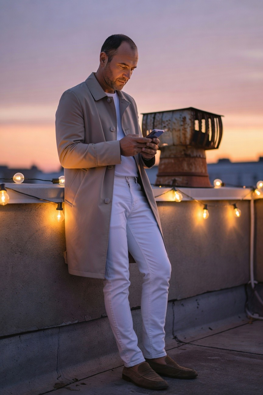 A man in a beige trench coat, white t-shirt, white jeans, and tan suede loafers stands on a sunset rooftop, leaning against a ledge with string lights and a rusty vent nearby, holding his phone thoughtfully