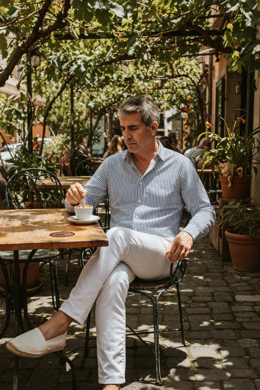 Man in light blue striped button-up shirt and slim white jeans sits relaxed at an outdoor cafe table under green vines, holding a coffee cup, wearing white espadrilles, sunny Mediterranean street setting