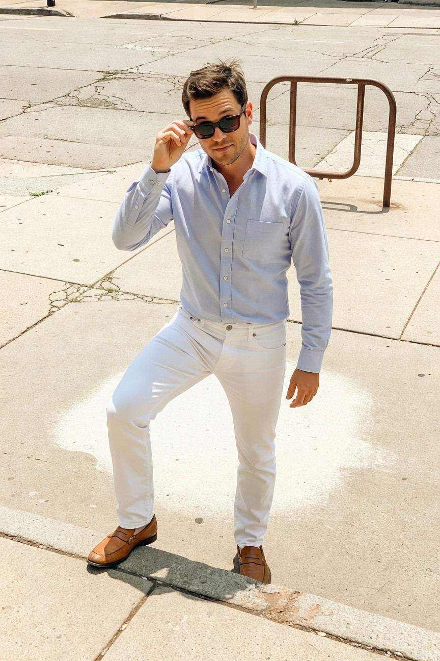 Man in light blue long-sleeve button-up shirt, slim white jeans, and brown leather loafers poses confidently on sunlit urban street near metal bike rack, sunglasses in hand