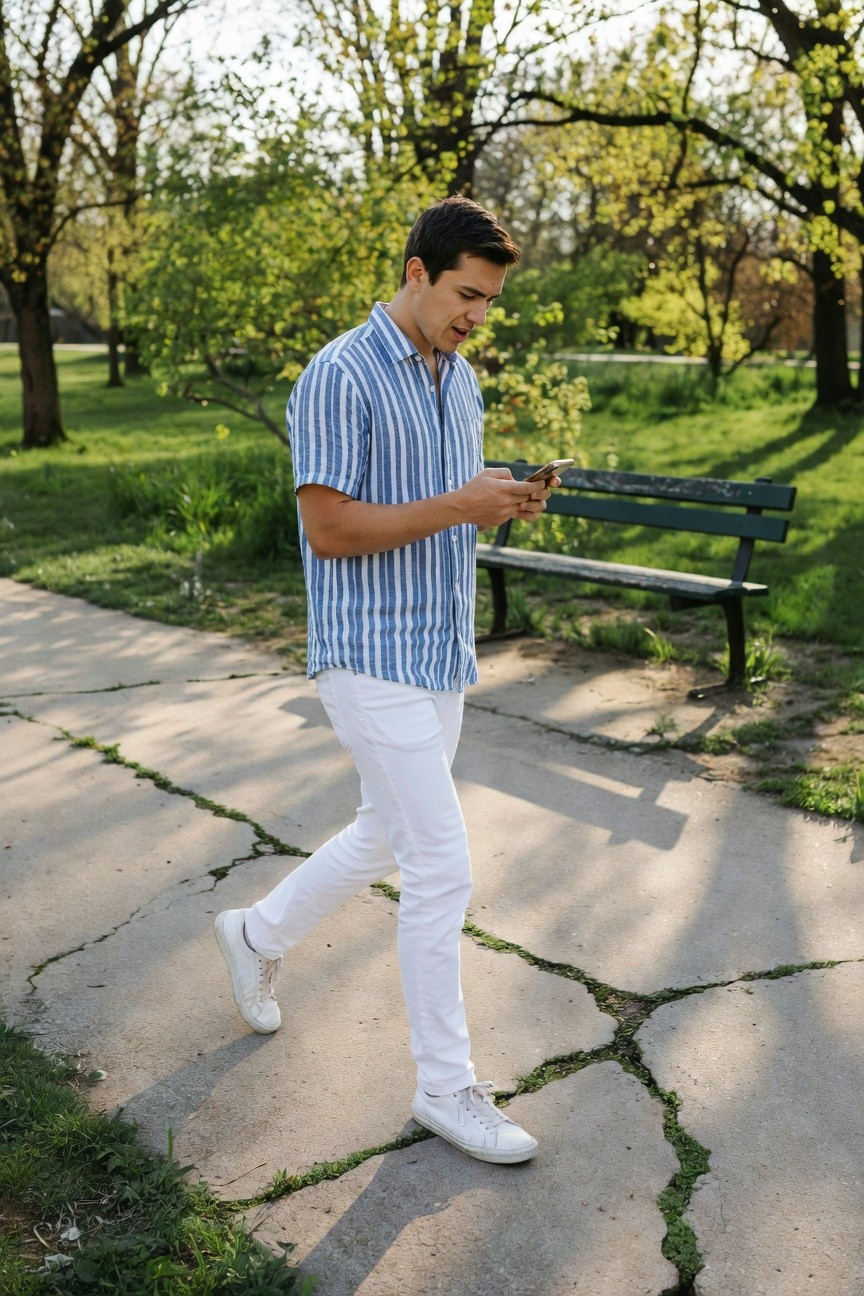 Young man walking on a cracked park path lined with trees and grass, dressed in a light blue and white short-sleeved striped button-up shirt tucked into slim white jeans, white sneakers, holding a smartphone casually at his side