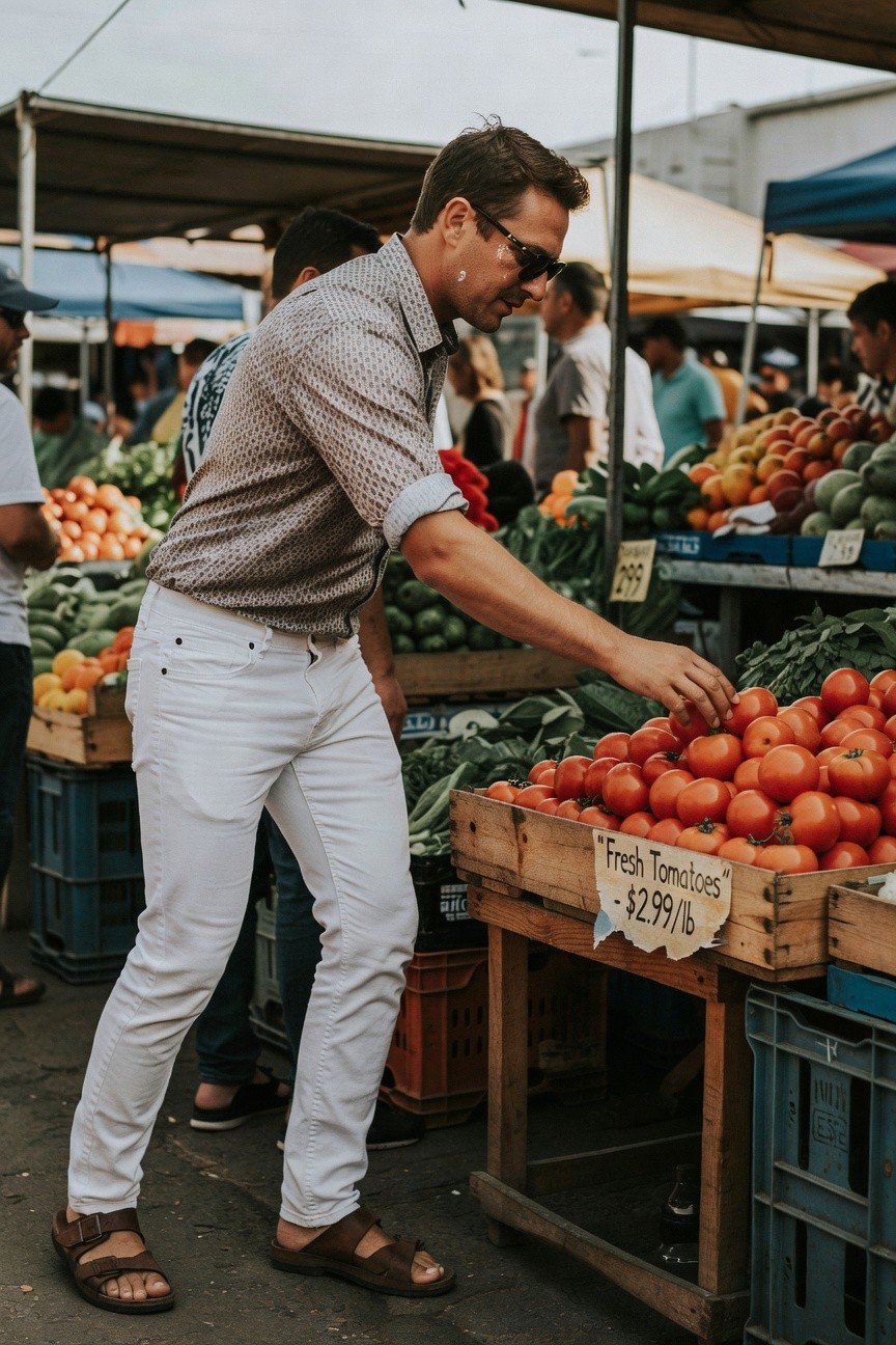 A man in slim white jeans, a light checkered short-sleeve button-up with rolled cuffs, and brown leather sandals browses tomatoes at an outdoor market stall surrounded by colorful produce crates.