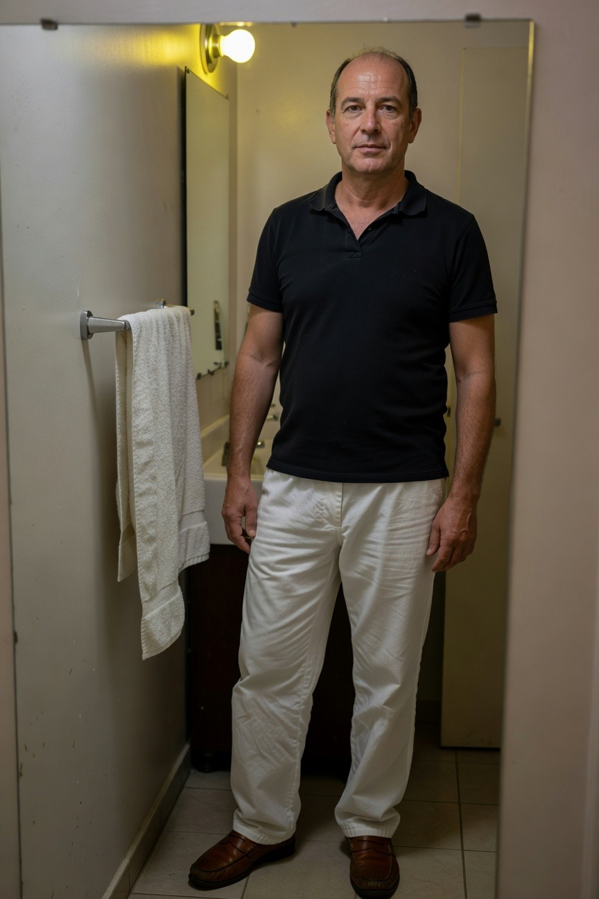 Middle-aged man in black short-sleeve polo shirt and wide-legged white parachute pants, brown dress shoes, standing in front of bathroom mirror with towel and sink visible