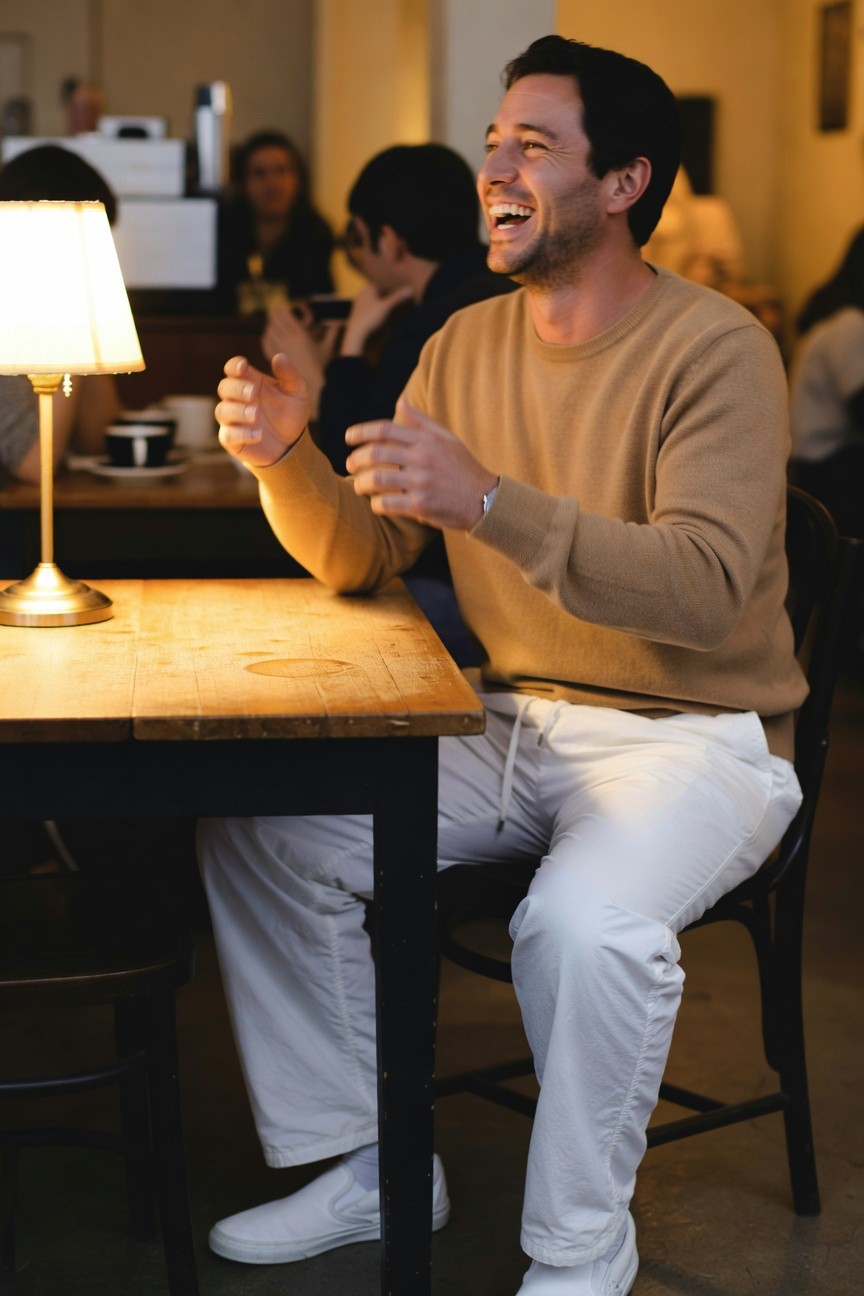 Joyful man in camel crewneck sweater, white parachute pants, and white sneakers laughs at cafe table under warm lamp light, surrounded by blurred patrons and coffee cups