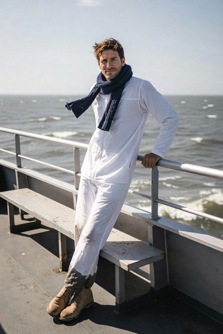 Man in white long-sleeve shirt and matching wide-leg parachute pants leans against a ferry railing by the sea, navy blue scarf draped around neck, tan combat boots on wooden deck with ocean waves behind
