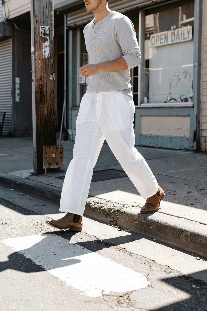 A man walks on a sunny urban sidewalk wearing a grey long-sleeve henley shirt, wide-leg white parachute pants, and brown loafers, with graffiti-covered walls and a pole in the background.