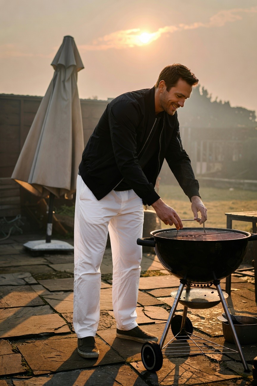 Man in white parachute pants and black bomber jacket bending over a black kettle grill at sunset on a stone patio with a beige umbrella and garden fence in the hazy background