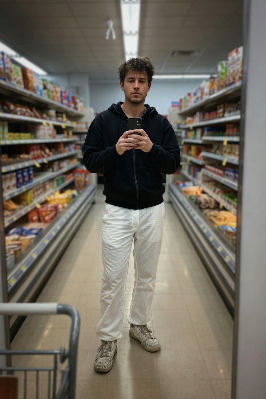A man stands confidently in a grocery store aisle mirror selfie wearing a black zip-up hoodie loose white parachute pants and chunky white sneakers surrounded by shelves of colorful packaged goods