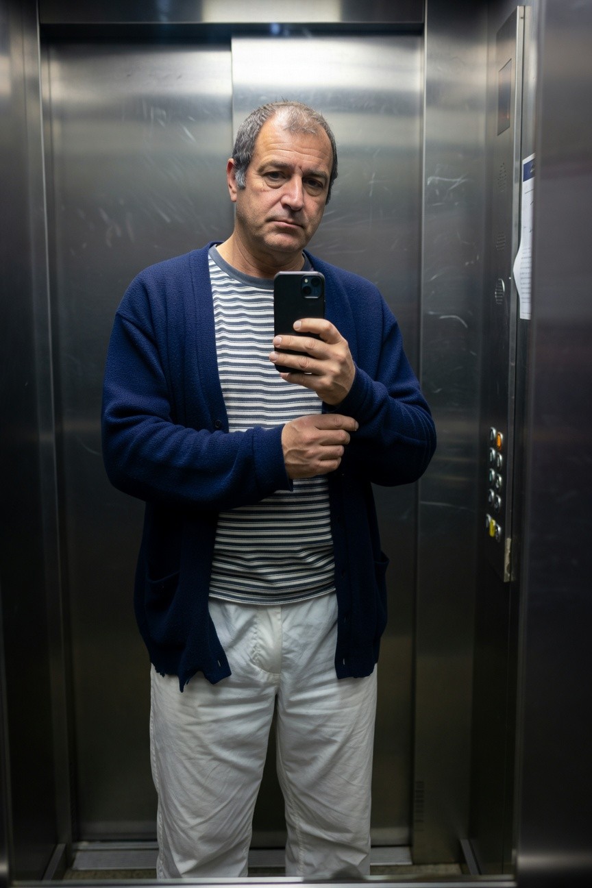 Middle-aged man in navy blue open cardigan over gray-and-white striped shirt, baggy white parachute pants, taking a mirror selfie in a steel elevator while holding up his phone.