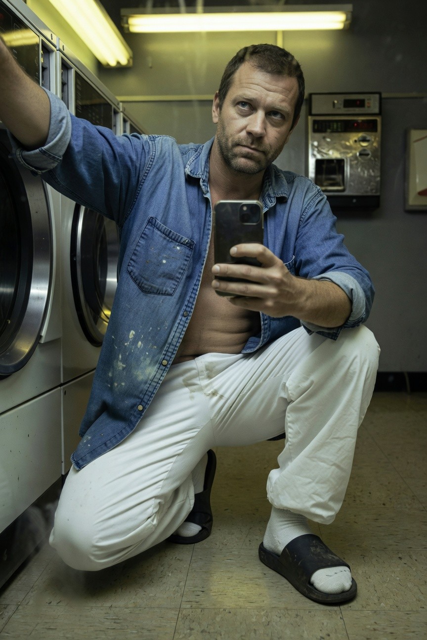 Man in open blue denim shirt revealing bare chest white baggy parachute pants white socks black flip flops squatting by laundry machines in fluorescent lit laundromat holding phone for selfie