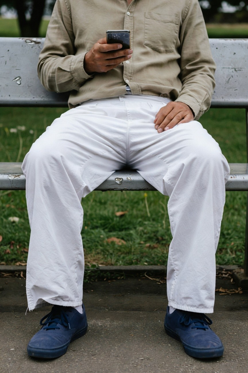 Middle-aged man seated on a metal park bench amid green grass and trees, dressed in a light beige short-sleeve button-up shirt, wide-leg white parachute pants, and dark blue sneakers, holding a smartphone casually