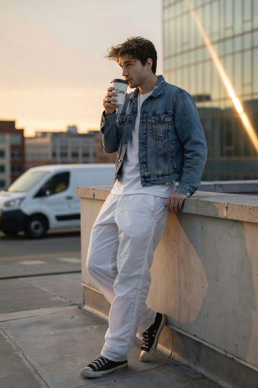 Young man in light wash denim jacket over white t-shirt, wide white parachute pants, and black Converse sneakers, leaning on rooftop ledge at sunset holding coffee cup amid urban skyline