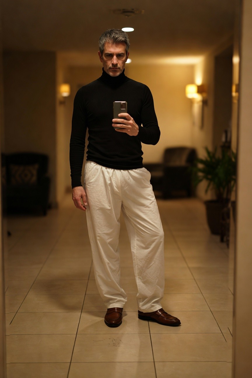 Silver-haired man in black turtleneck sweater, wide-legged white parachute pants, and brown loafers poses confidently in a warmly lit hotel hallway mirror selfie