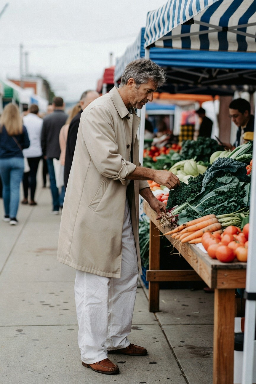 A silver-haired man in a long beige duster coat with rolled sleeves and white parachute pants shops at an outdoor market stall piled with colorful vegetables like kale, carrots, and tomatoes, brown loafers on pavement amid blurred crowd.