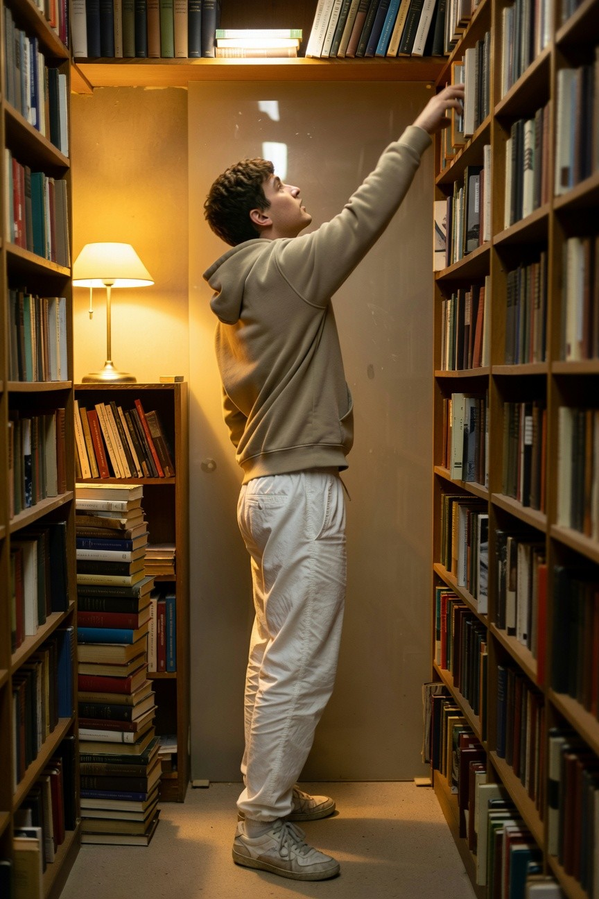 Young man in cream hoodie and wide-legged white parachute pants reaches high for a book on wooden library shelves under warm yellow lamp light, cozy narrow aisle filled with stacked books